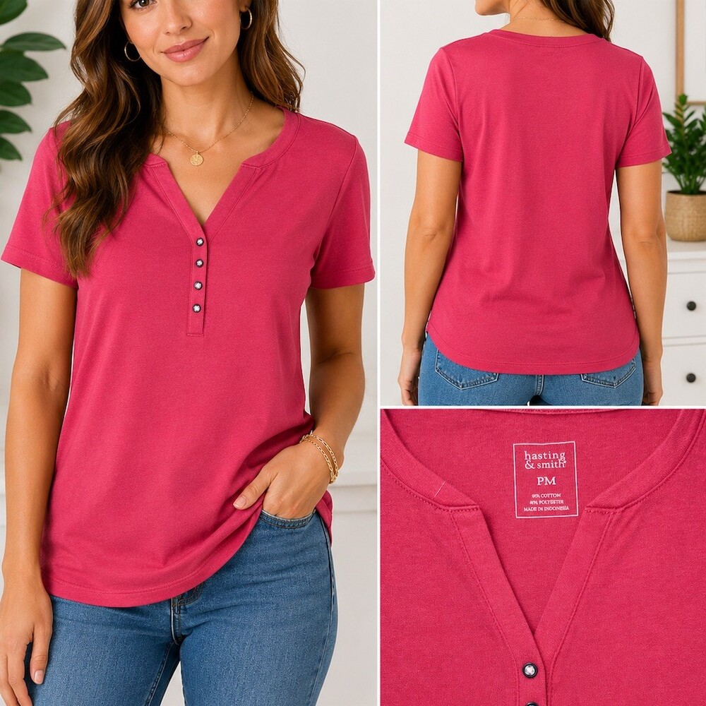 Hasting & Smith Womens Petite M Pink Short Sleeve 4-Button Henley Top